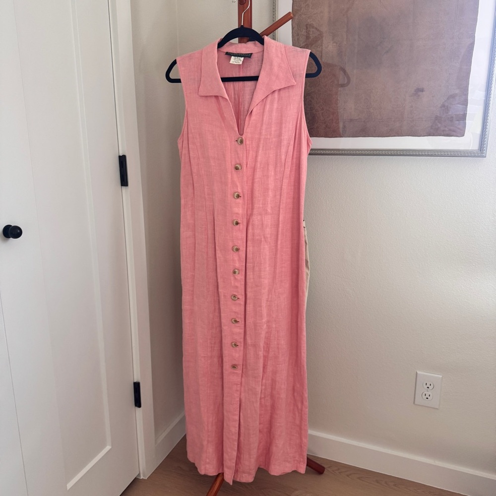 Vintage Linen Pink Button Down Maxi Dress